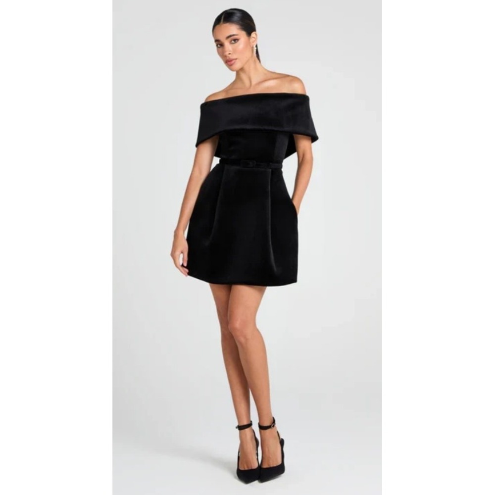 Nadine Merabi Carmen Velvet Off Shoulder Dress Black Mini Fit & Flare Holiday 6